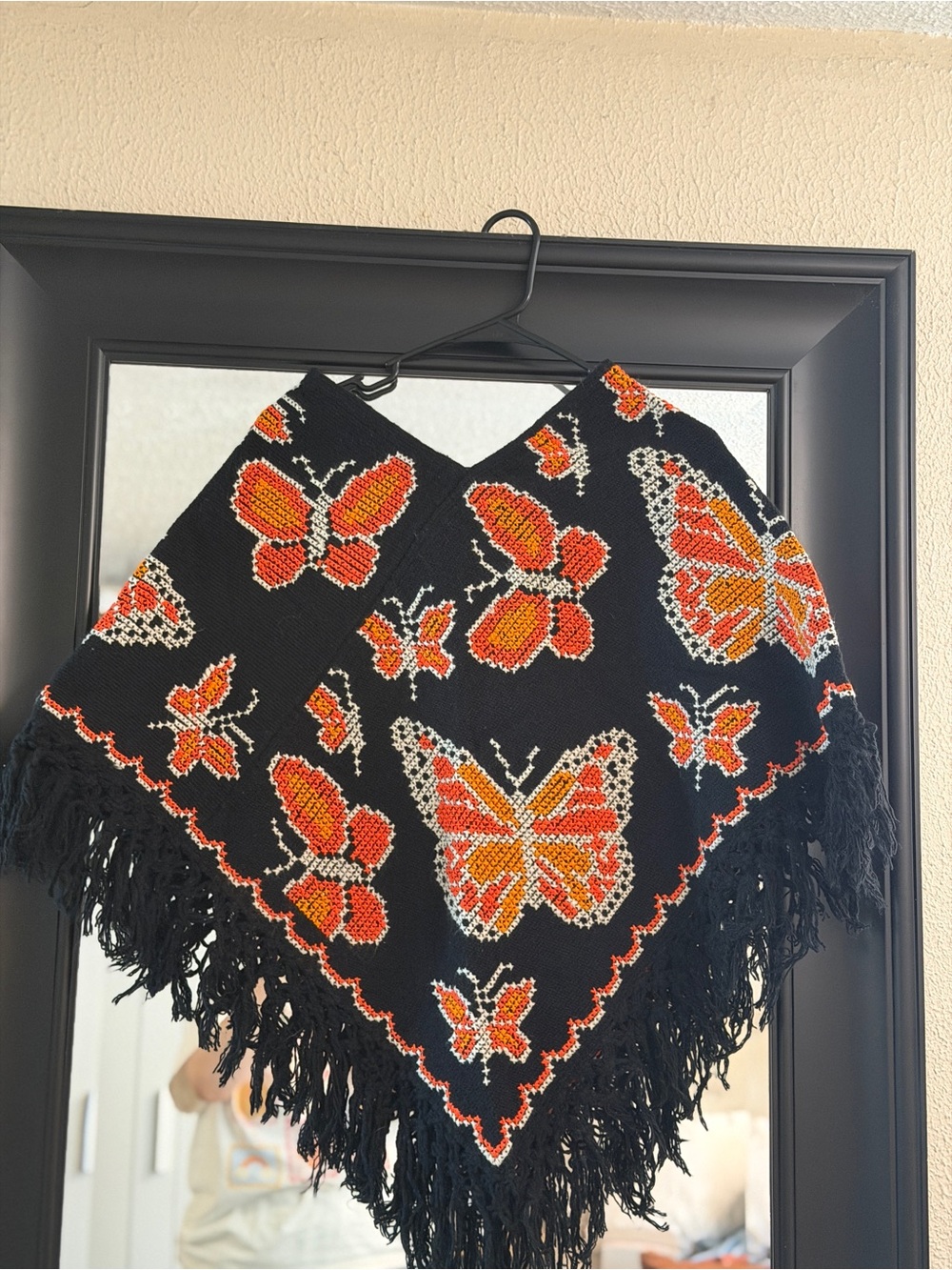 Black embroidered Butterfly Fringe Poncho - Orange & White Embroidery